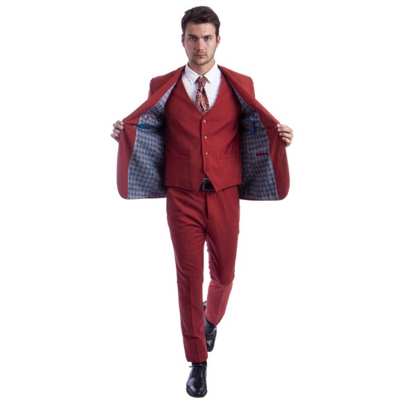 Men's Skinny-Fit 3pc Brick Red Suit by Sean Alexander - Picture 3 of 6